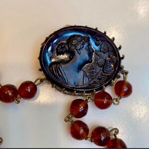 Vintage Antique Cameo Pendant Necklace with Glass Art Beads